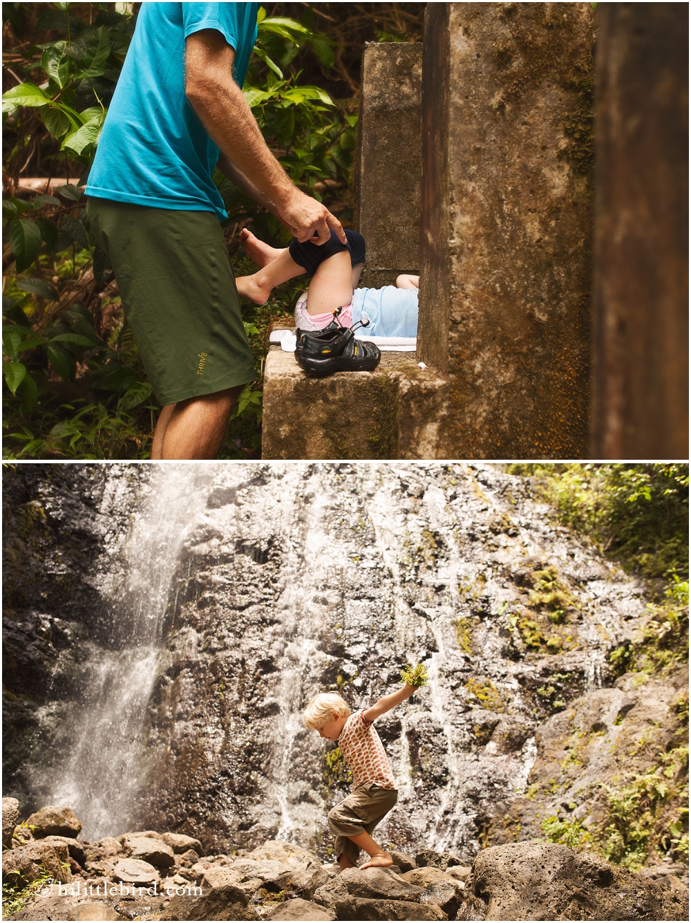 a quick diaper change during a watefall hike