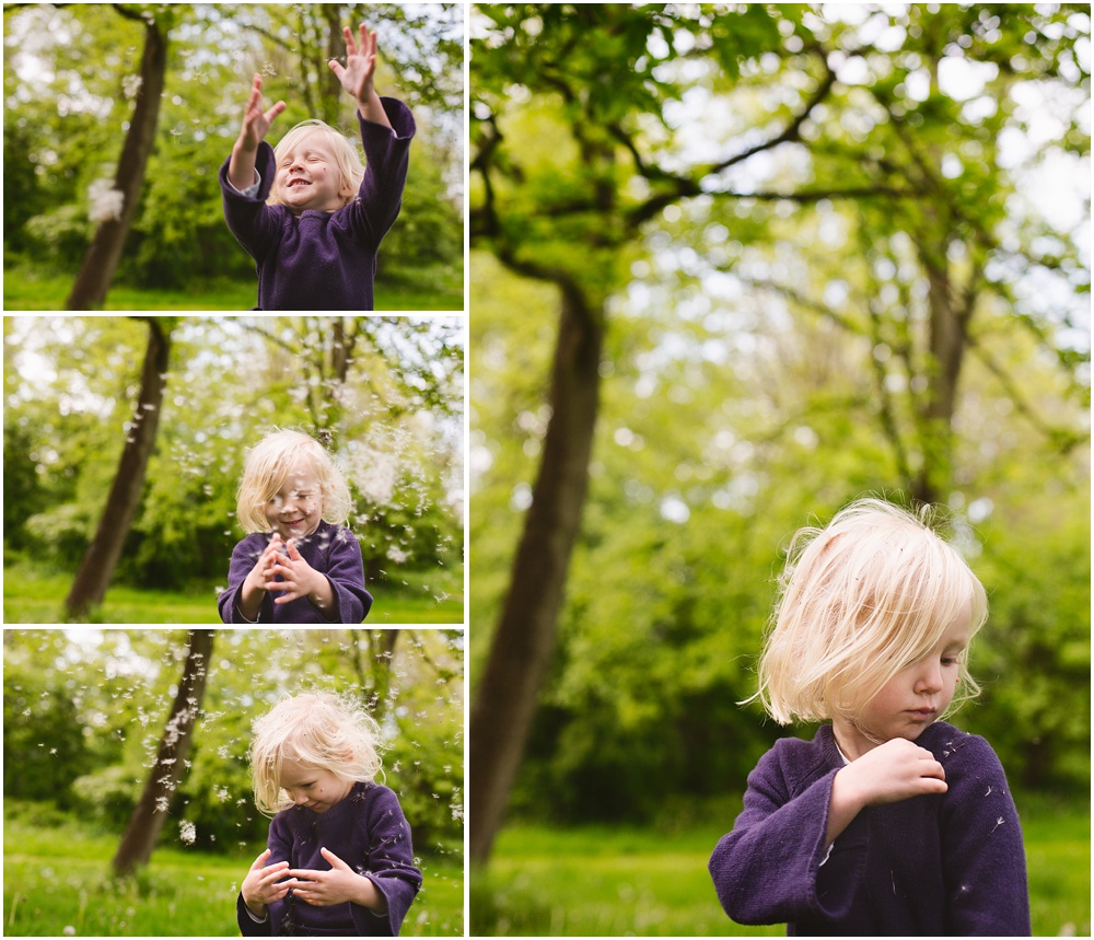 girl playing with dandelions
