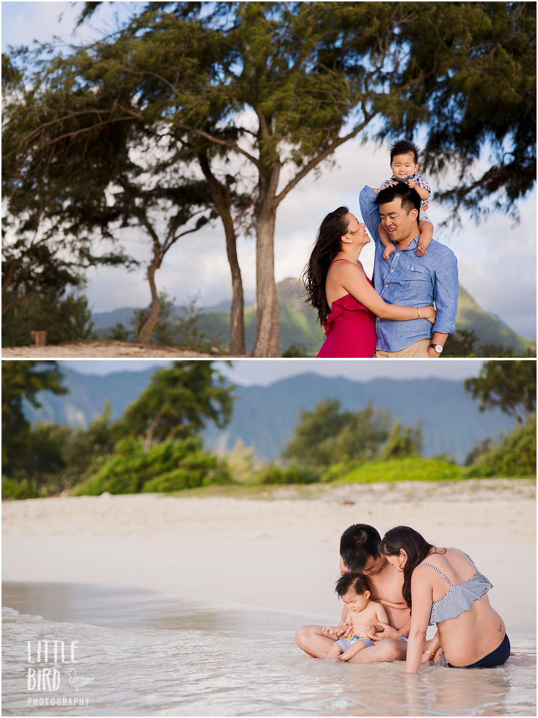 family of three portrait at the beach in hawaii