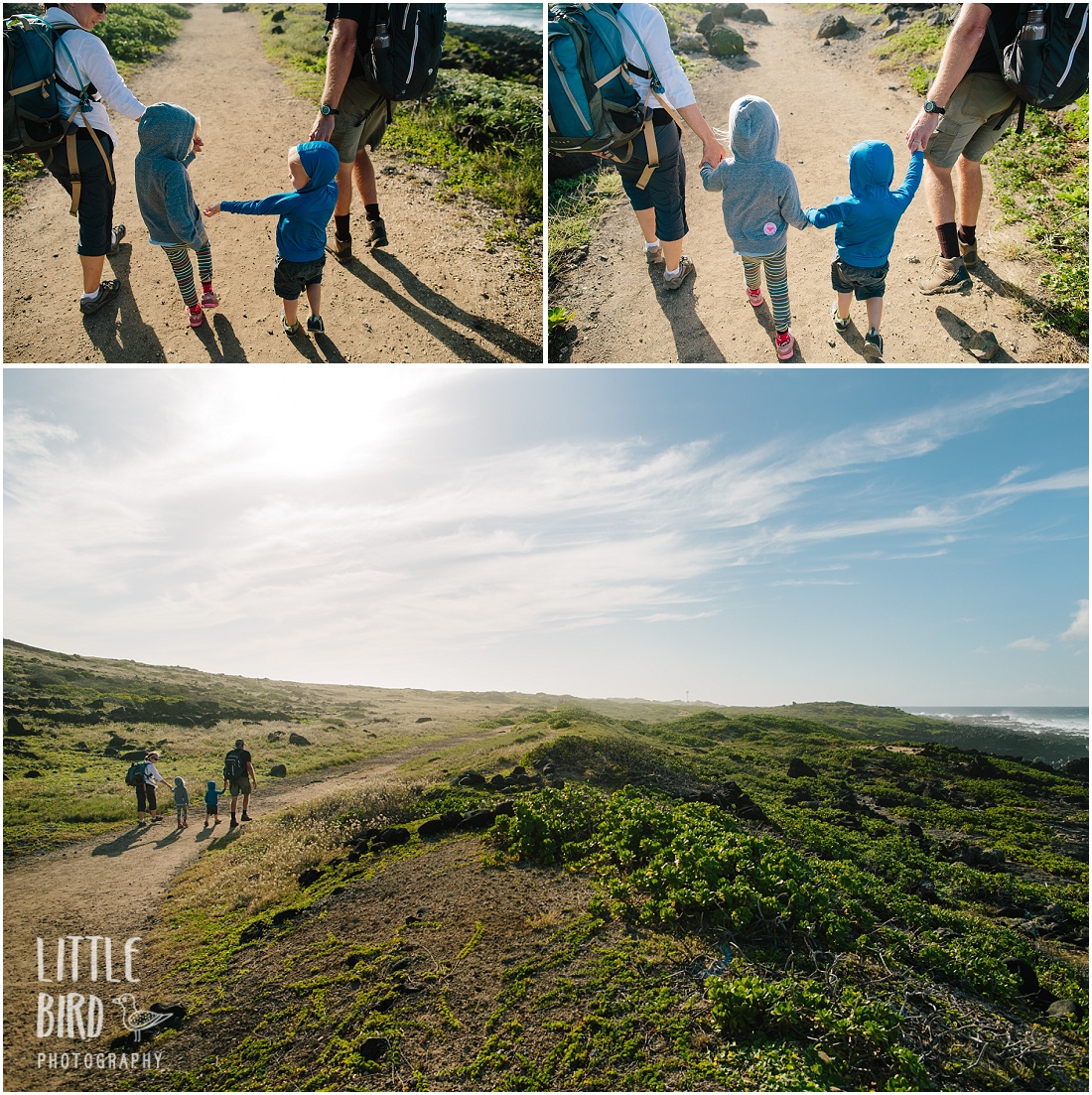 family hiking out to kaena point