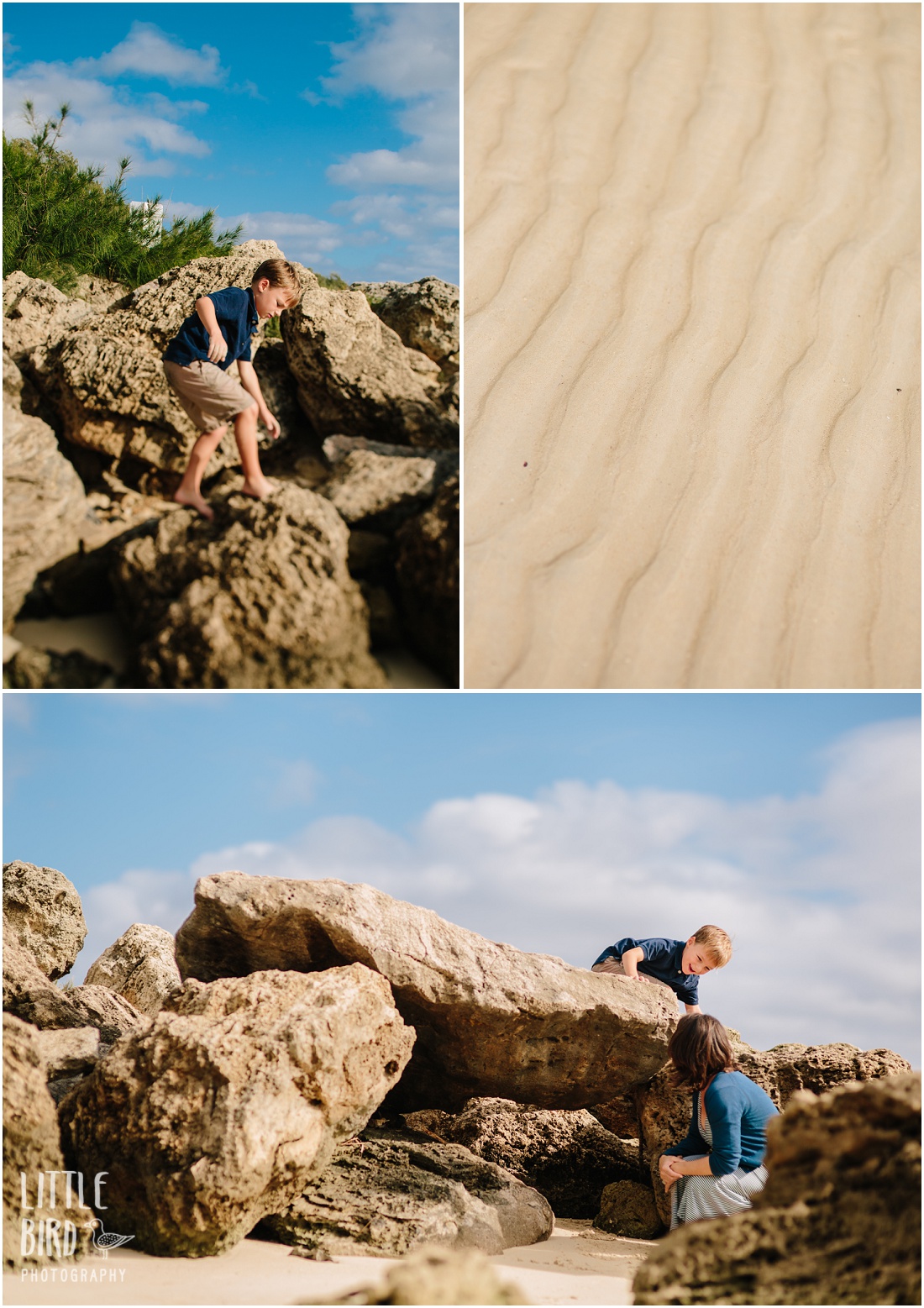 boy climbing on the rocks at bellows beach in hawaii