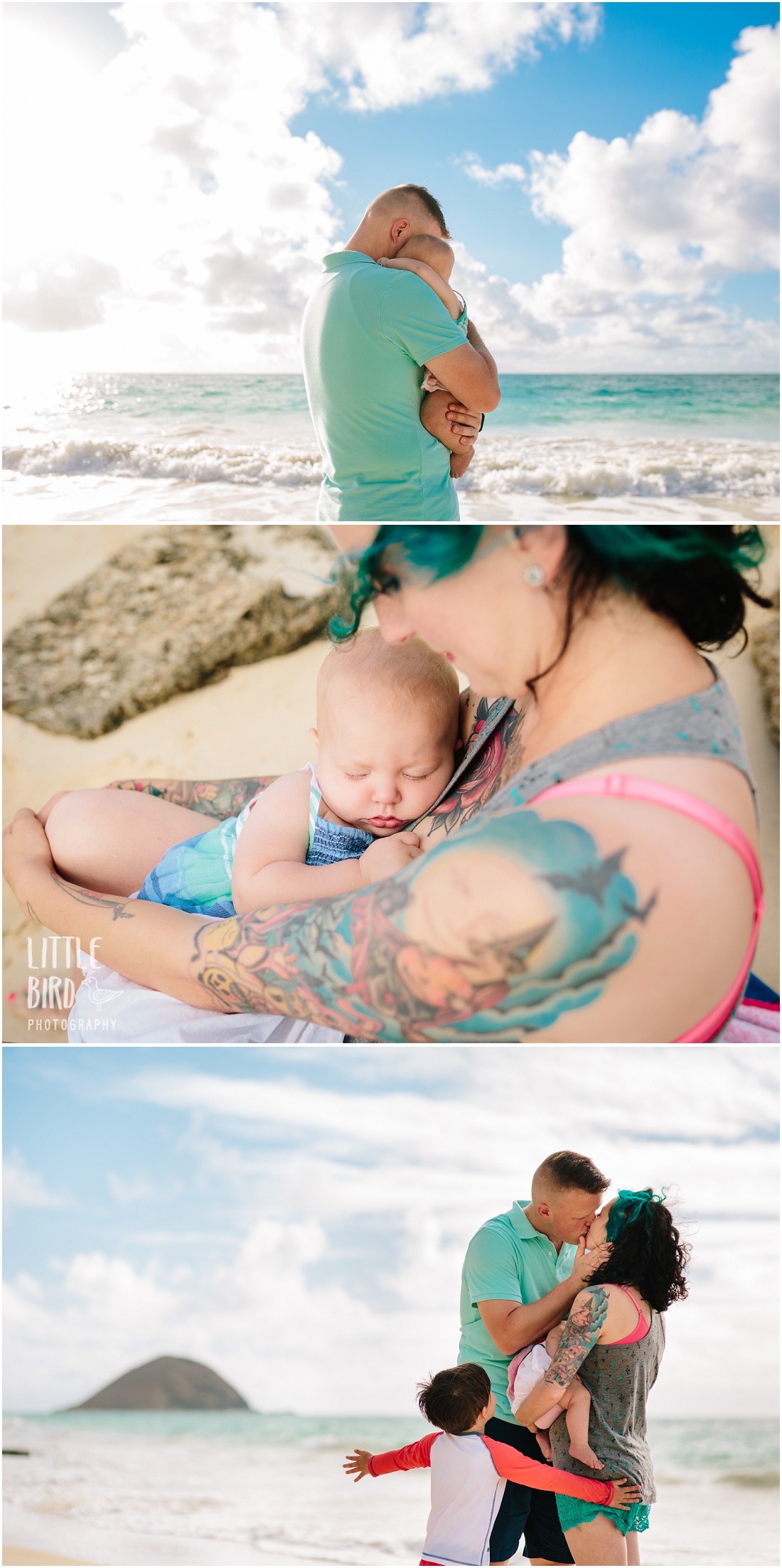 mom snuggling baby at bellows beach oahu
