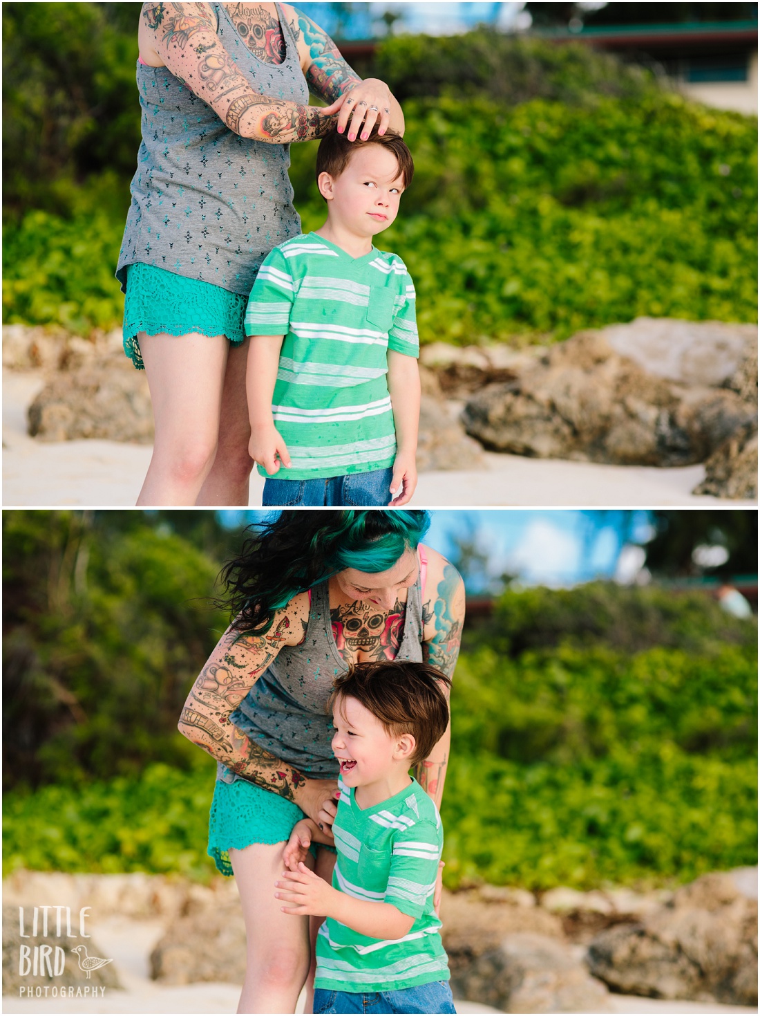 mom and son playing at the beach