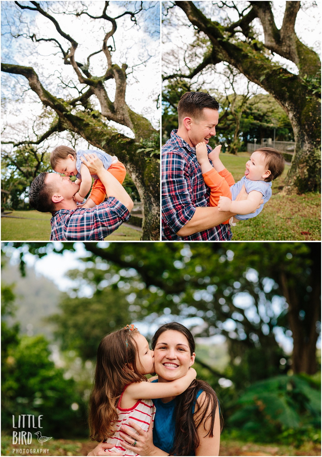 dad and baby daughter playing in hawaiian rainforest