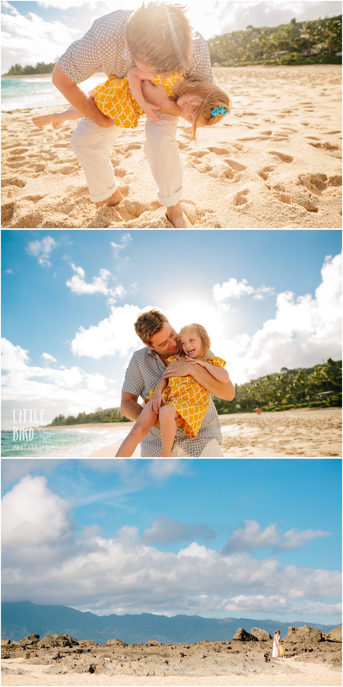 dad and daughter playing at the beach in oahu