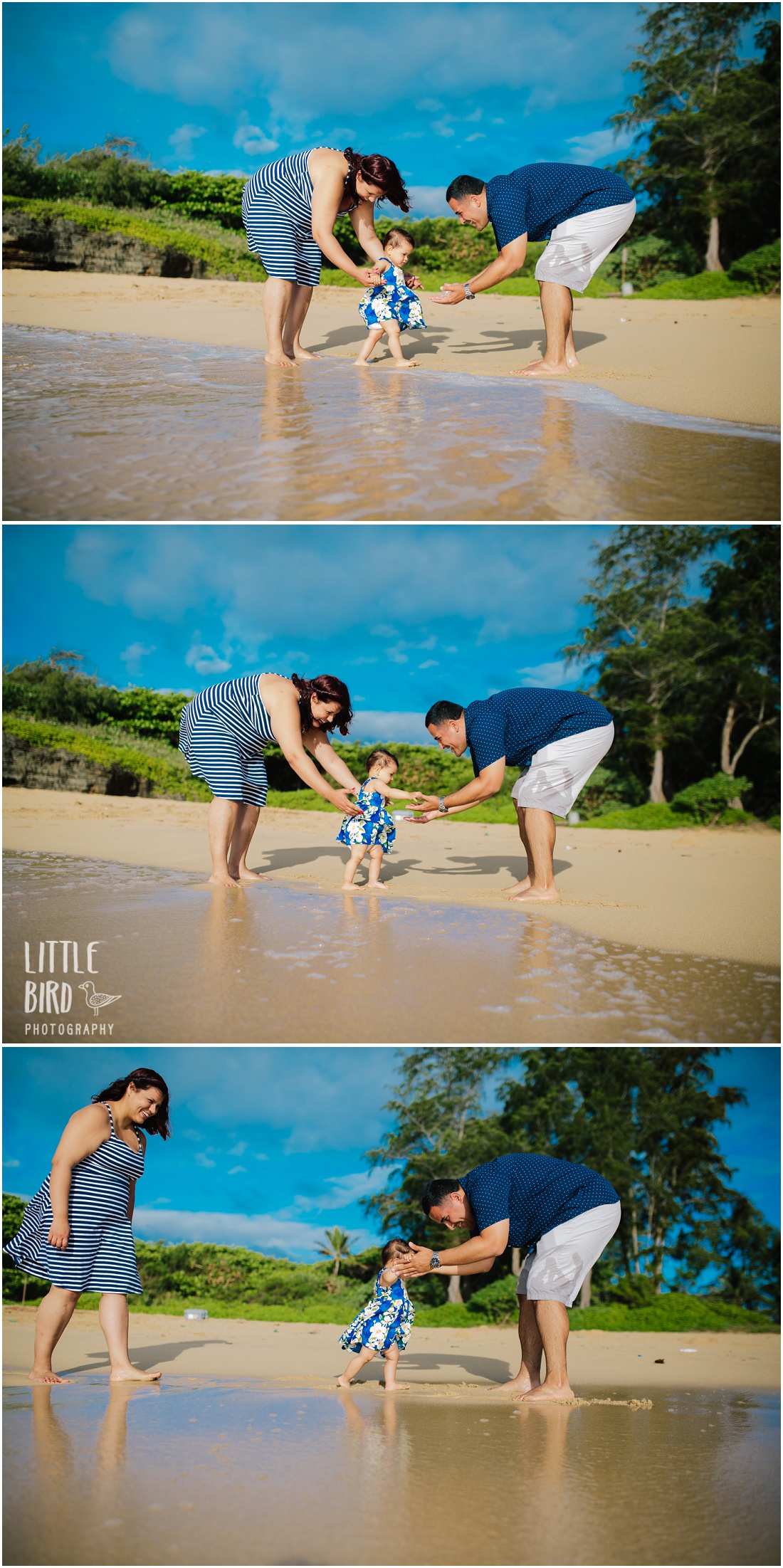 baby taking her first steps at laie beach in hawaii