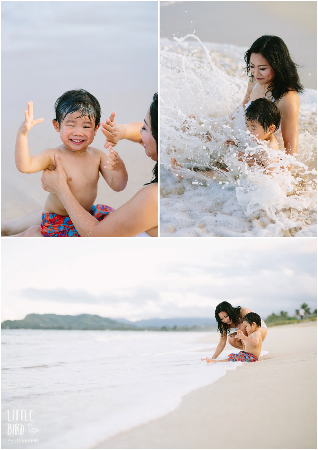mom and baby playing in the surf at kailua beach oahu