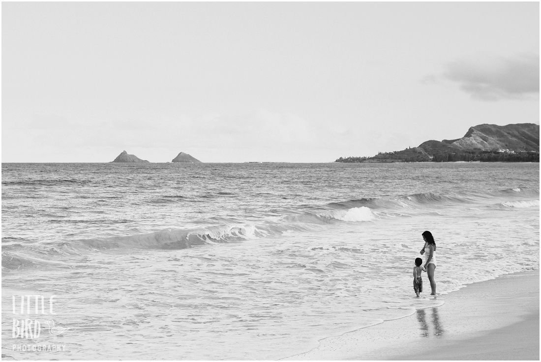 mom and son at the beach in hawaii