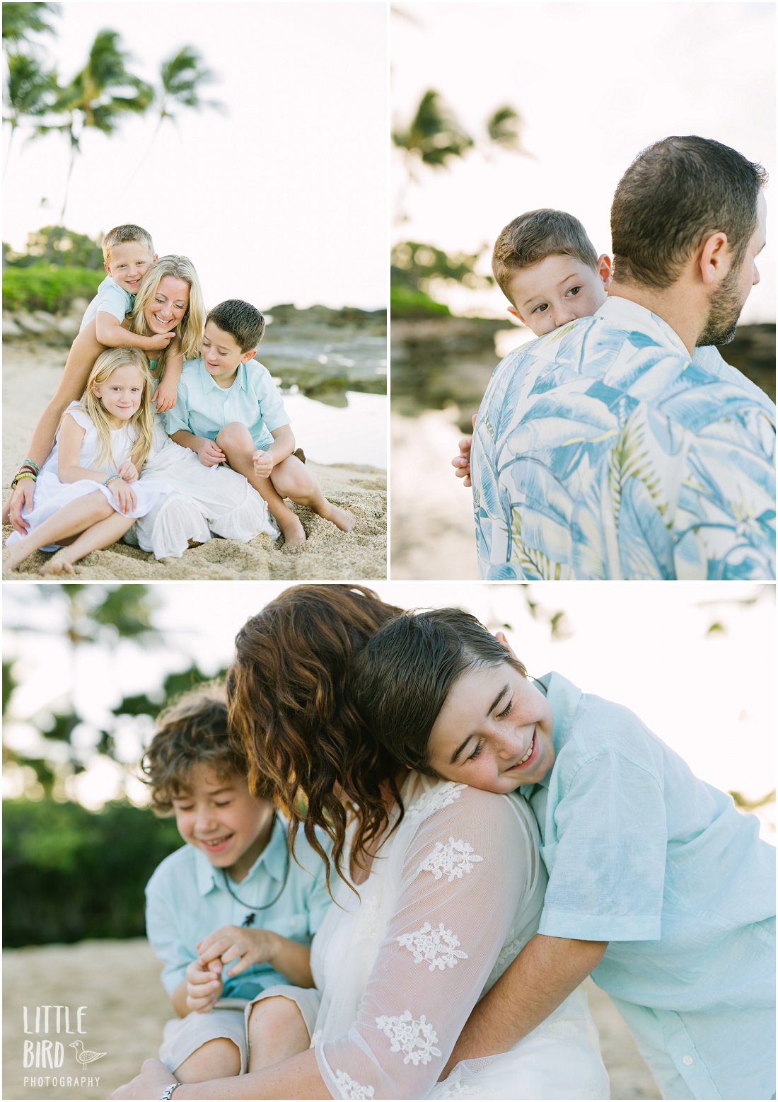 family hugging at the beach