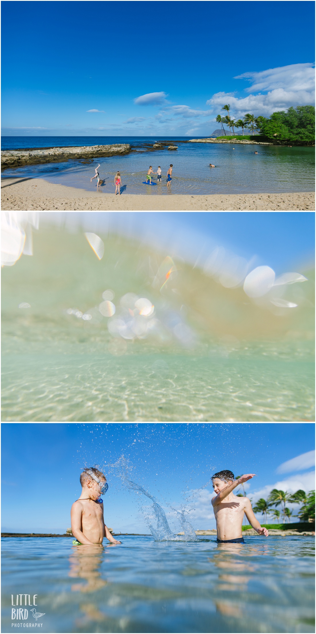 family playing in the water at koolina beach