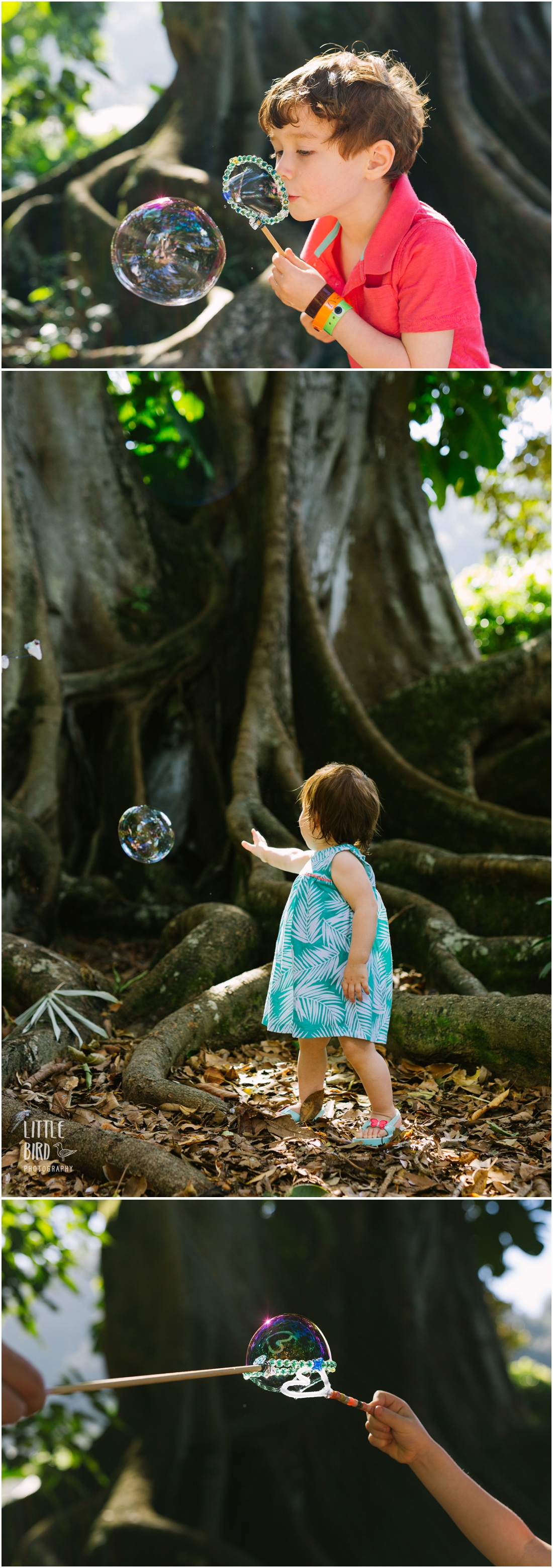 girl playing with bubbles in a tropical park in hawaii