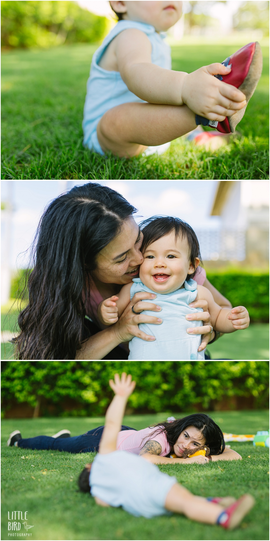 mom watches baby daughter play in the grass in kapolei