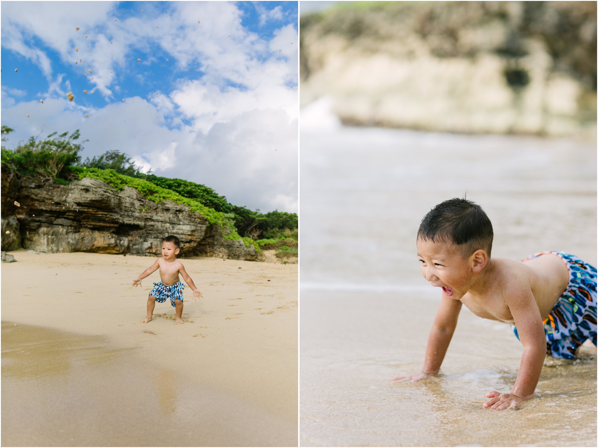 little boy playing at laie beach park hawaii