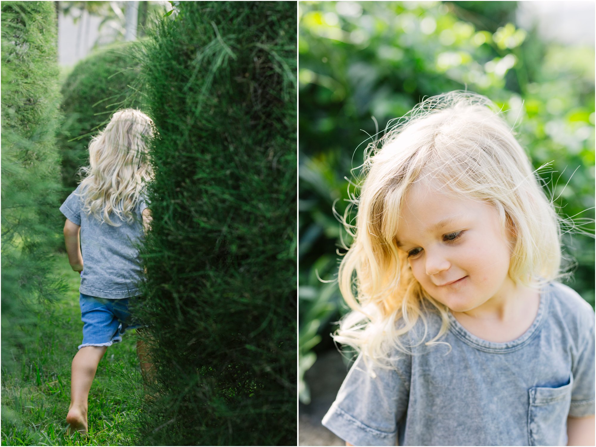 boy playin in the bushes for a childrens photoshoot in hawaii