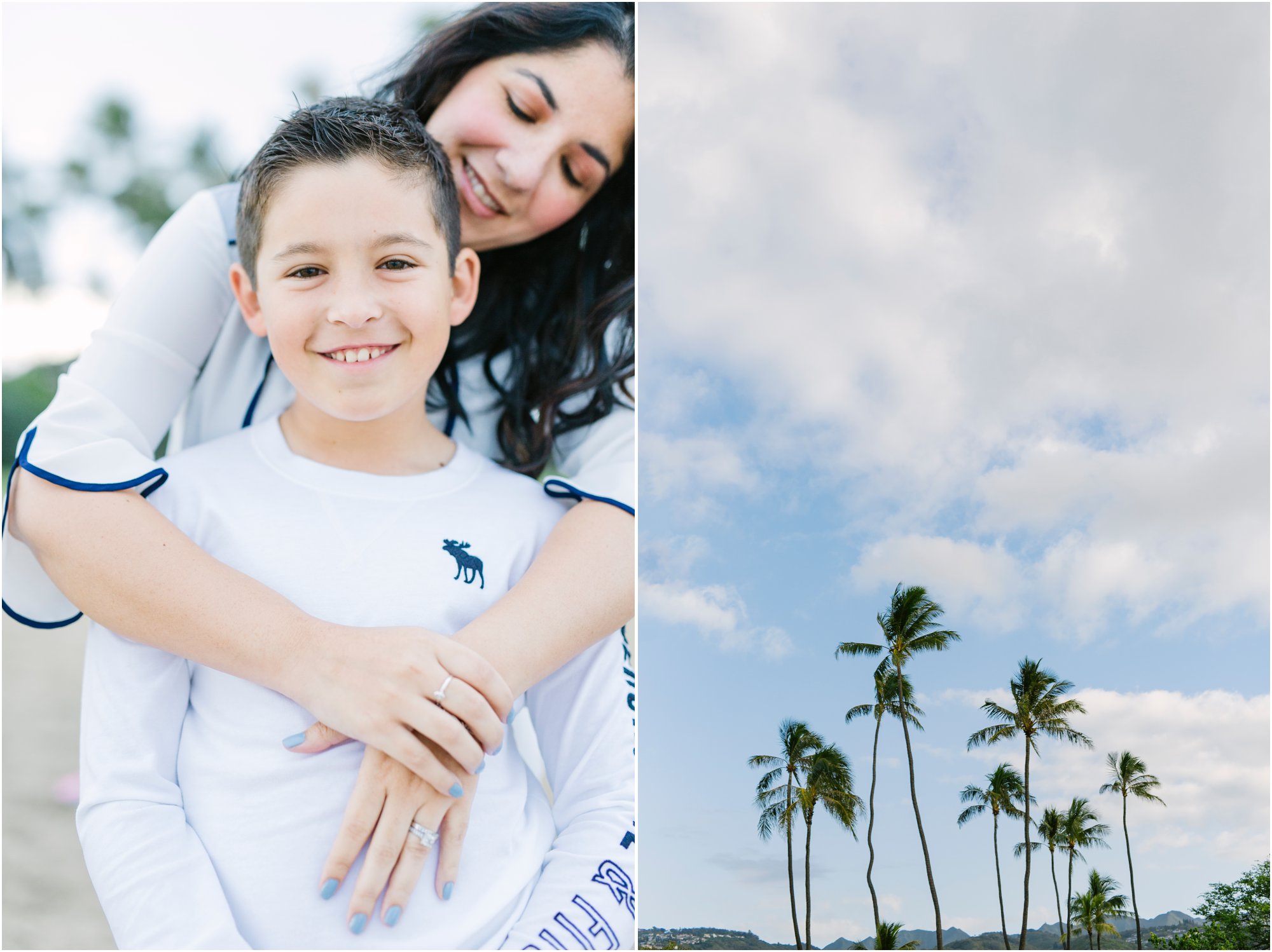 mom and son hug during waikiki family beach portraits