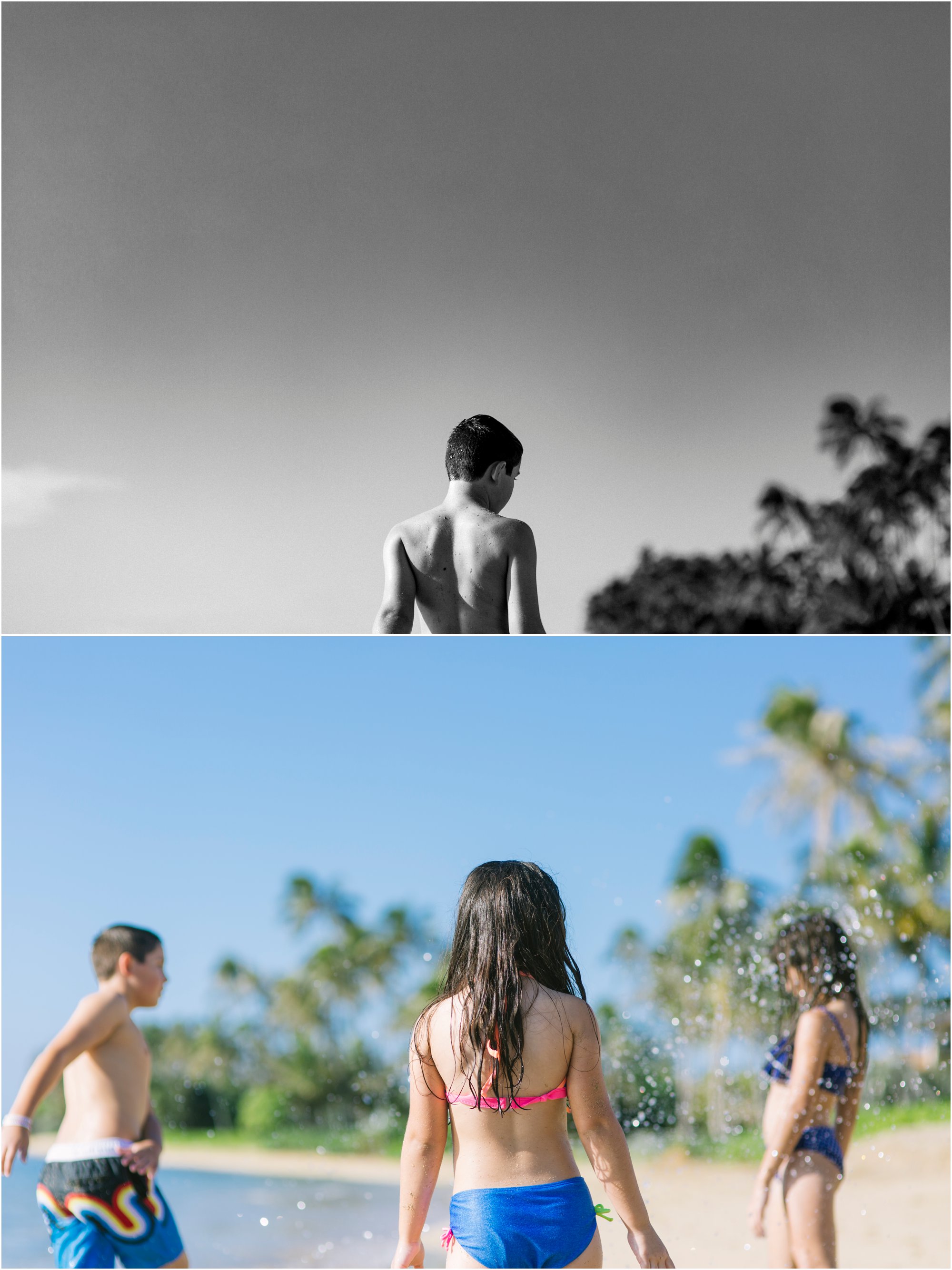 kids spalshing each other at the beach in oahu lifestyle photography