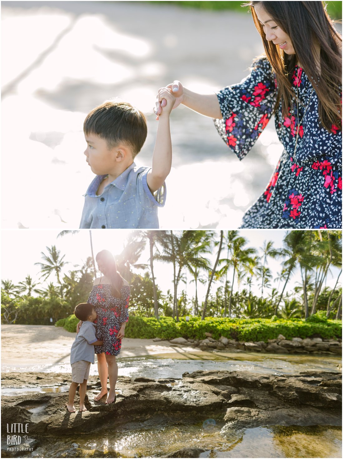 mom and son playing at the beach in hawaii
