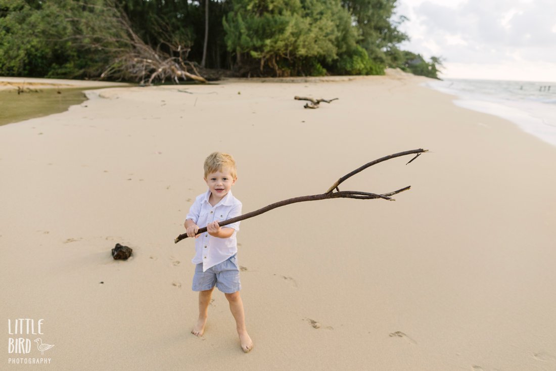 boy on the beach with stick in hawaii