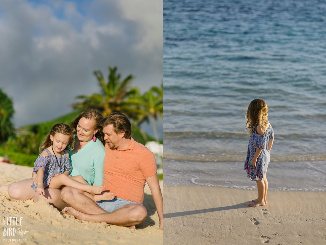 family telling stories on lanikai beach at sunrise during family photo session