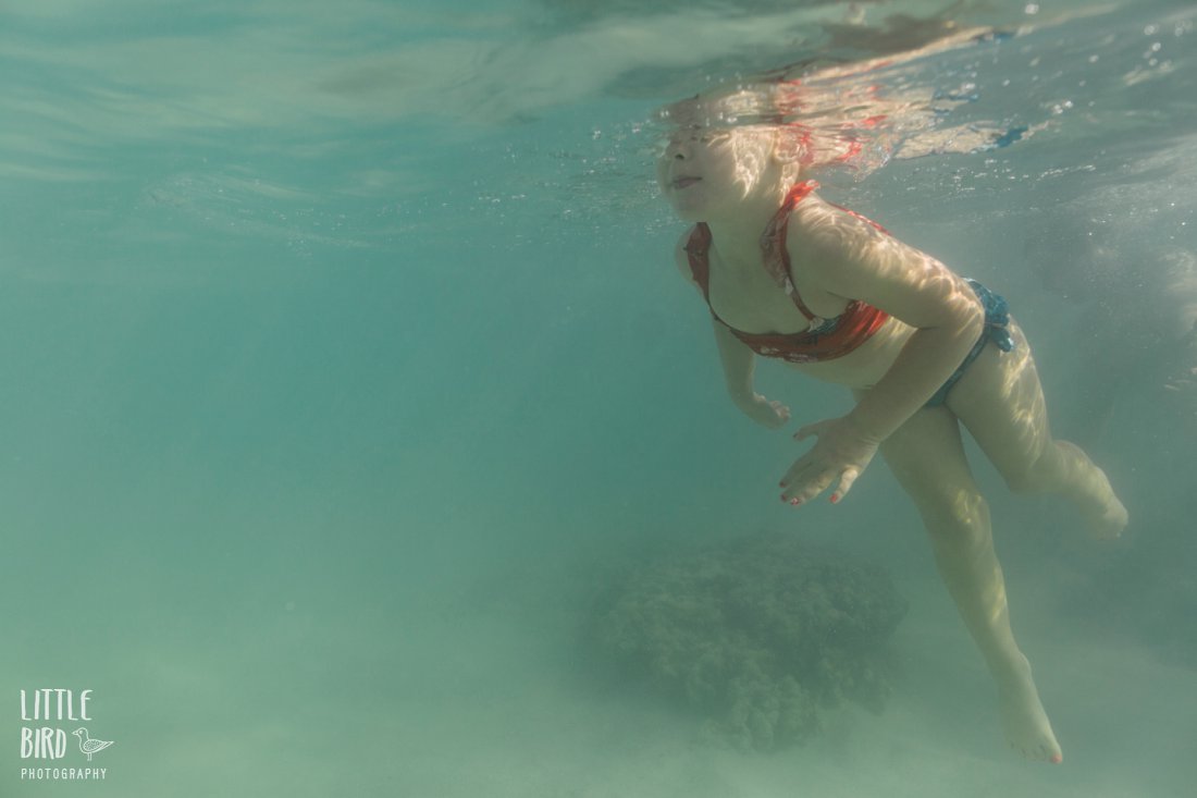 girl swimming under the water with coral head in the background in hawaii