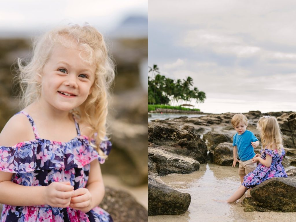 siblings explore tidepools in koolina oahu during family photography session