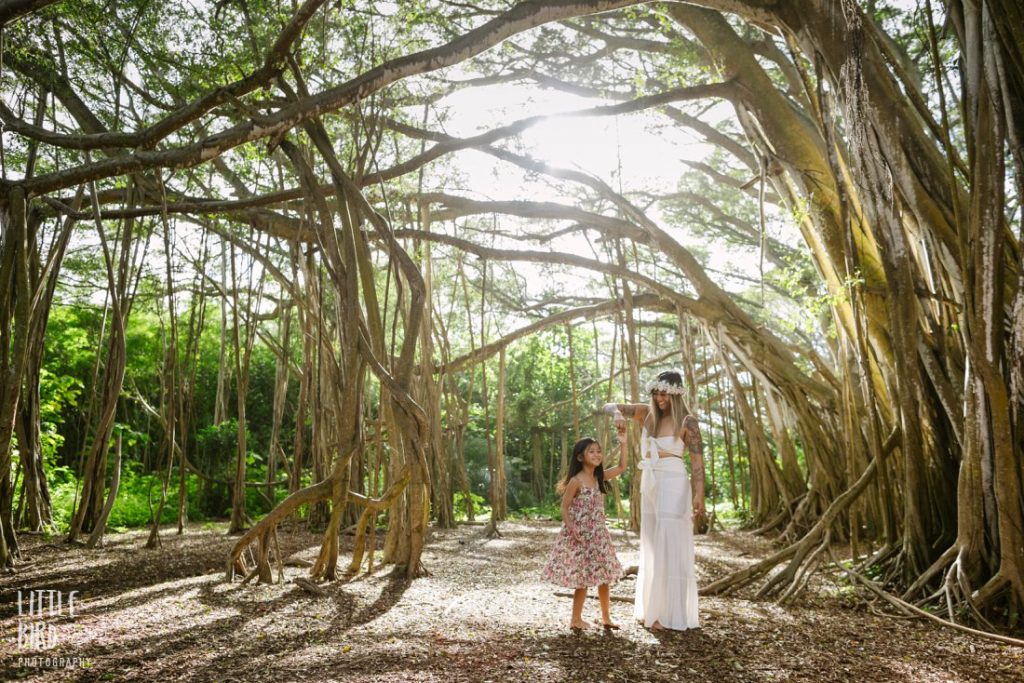 mom spinning daughter under giant banyan tree roots in hawaii
