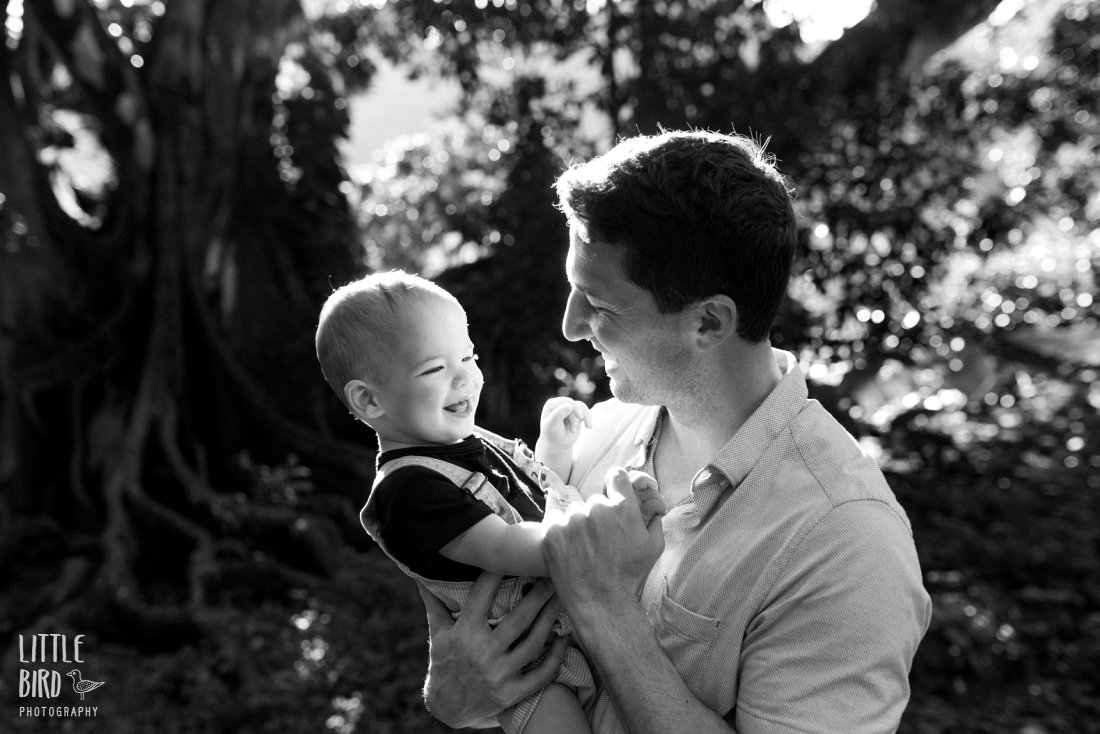 dad and bay laughing in the park during a family photoshoot in hawaii