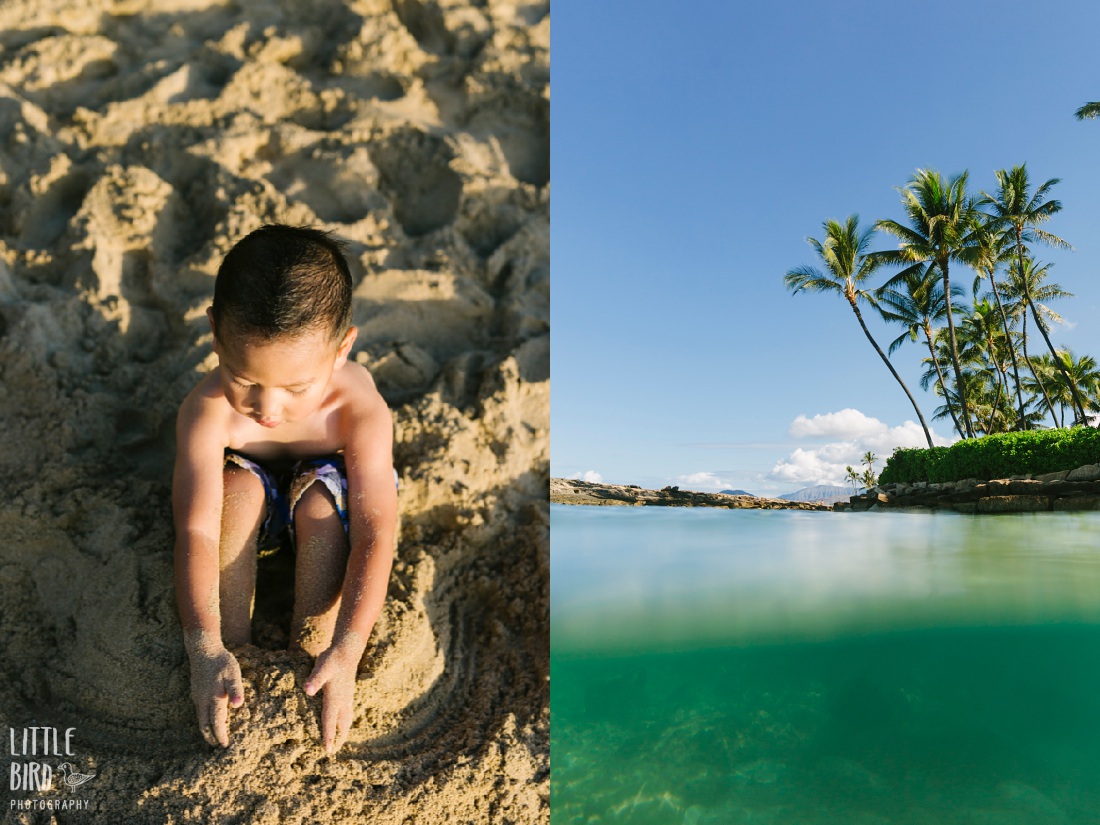 boy burying his feet in the sand at paradise cove during photoshoot by little bird photography