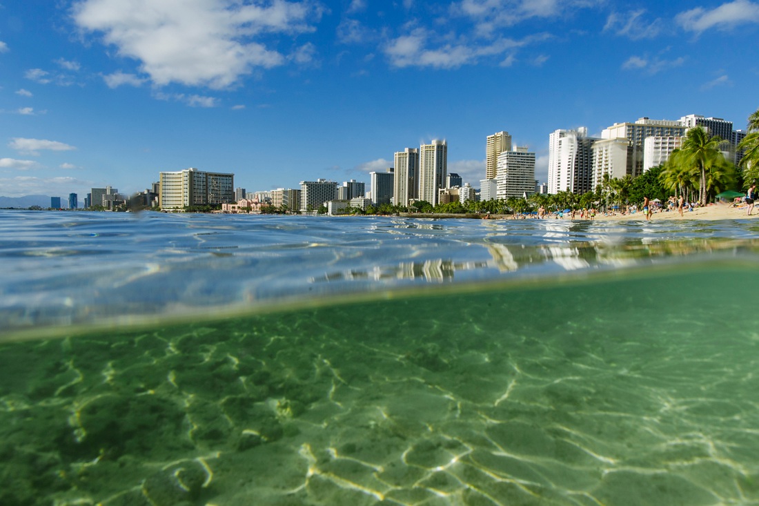 views of waikiki from the water at queen's beach