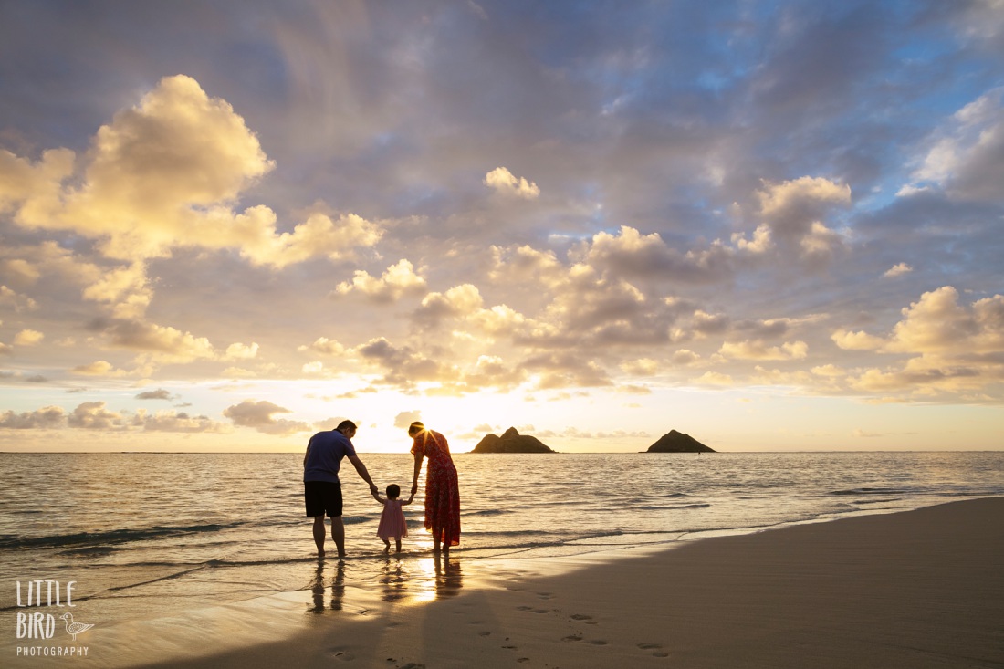 family photo shoot with a baby at sunrise in hawaii