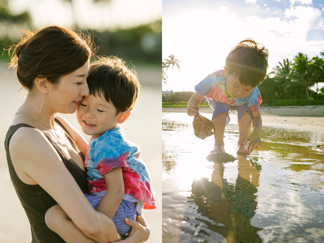 boy and mom snuggling during a beach photo session in waikiki