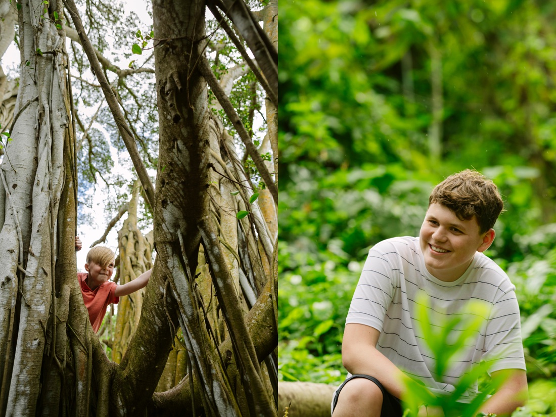 boys exploring the forest at kawela bay