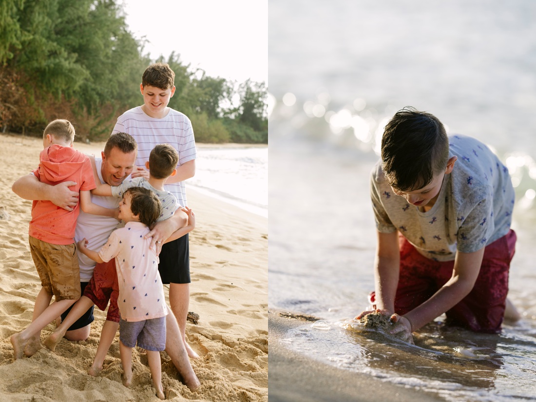 dad and four sons sharing a hug on the beach during a photography shoot