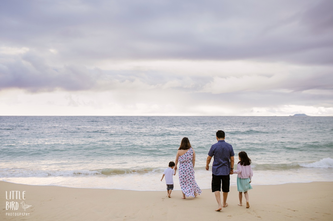 family walking toward the ocean against a moody sky in hawaii