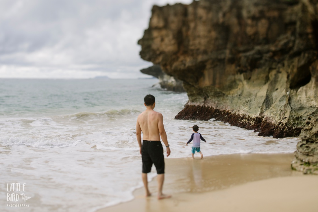 dad and son playing near cliffs at laie beach park on oahu