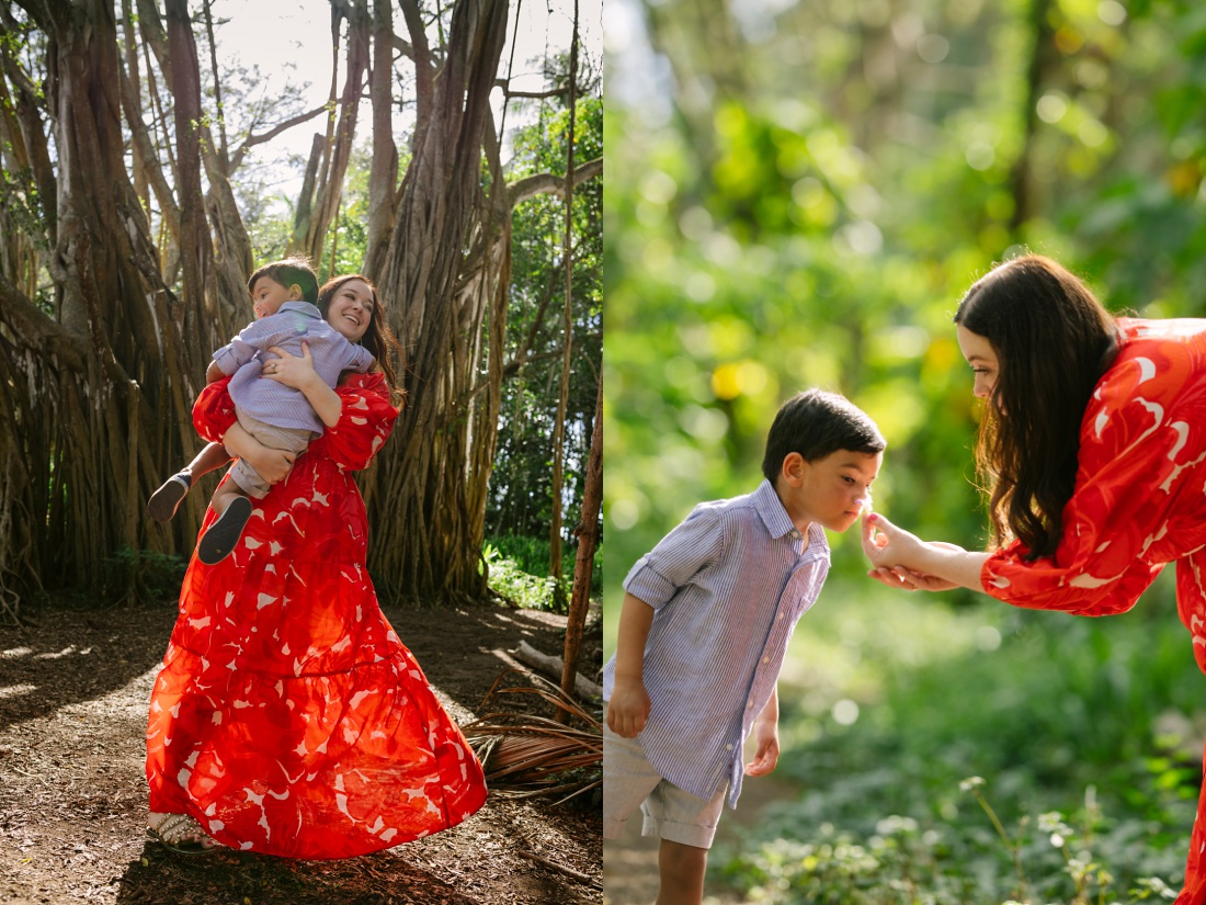 mom and son spinning under a ginat banyan tree during a fun family photo shoot in oahu