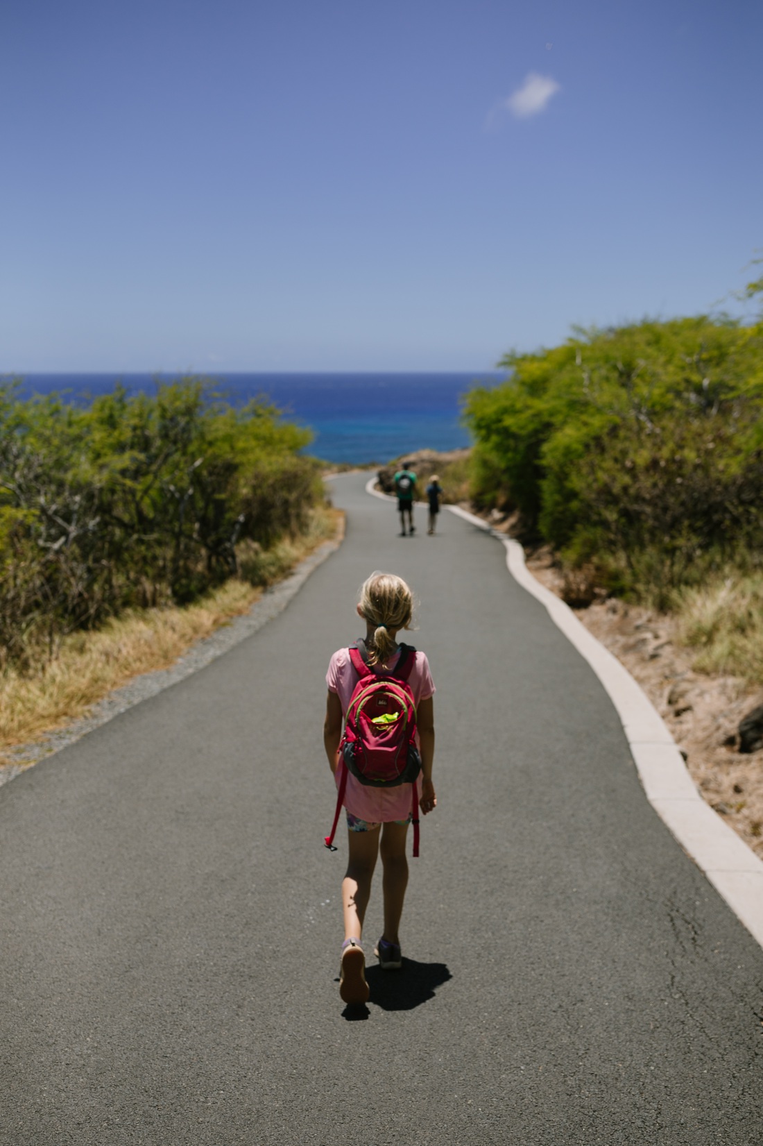family hiking along the makapuu lighthouse trail on oahu with ocean in the background