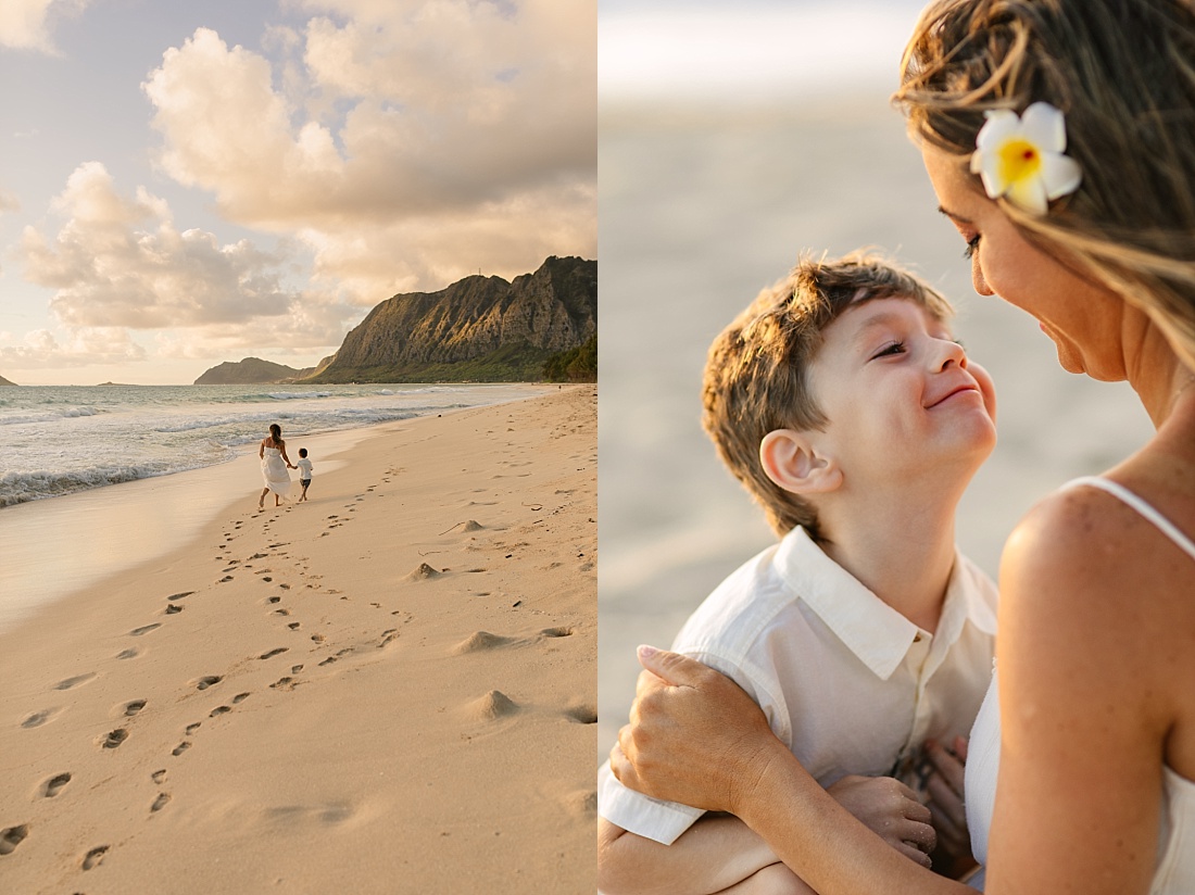 mom and son beach portraits in oahu