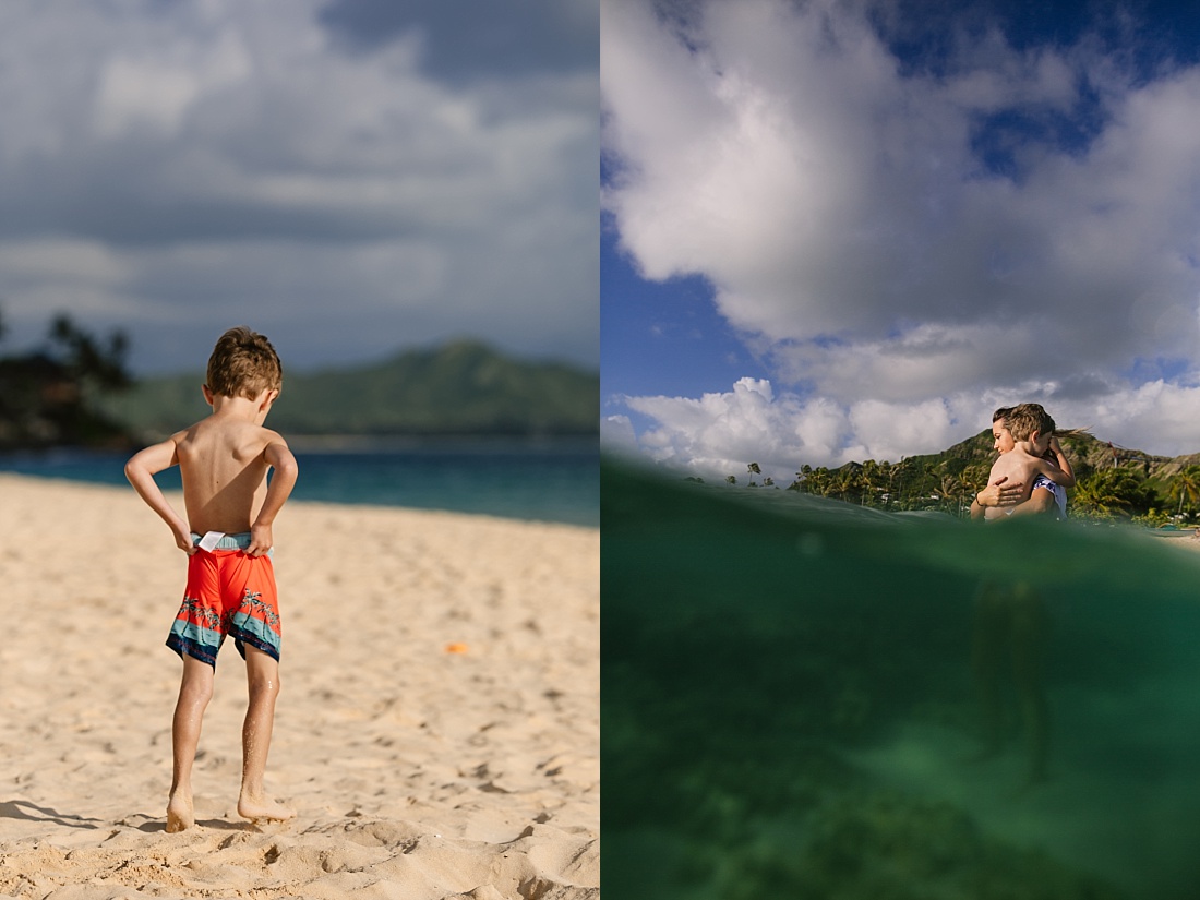 mom and son at lanikai beach oahu during a family photoshoot