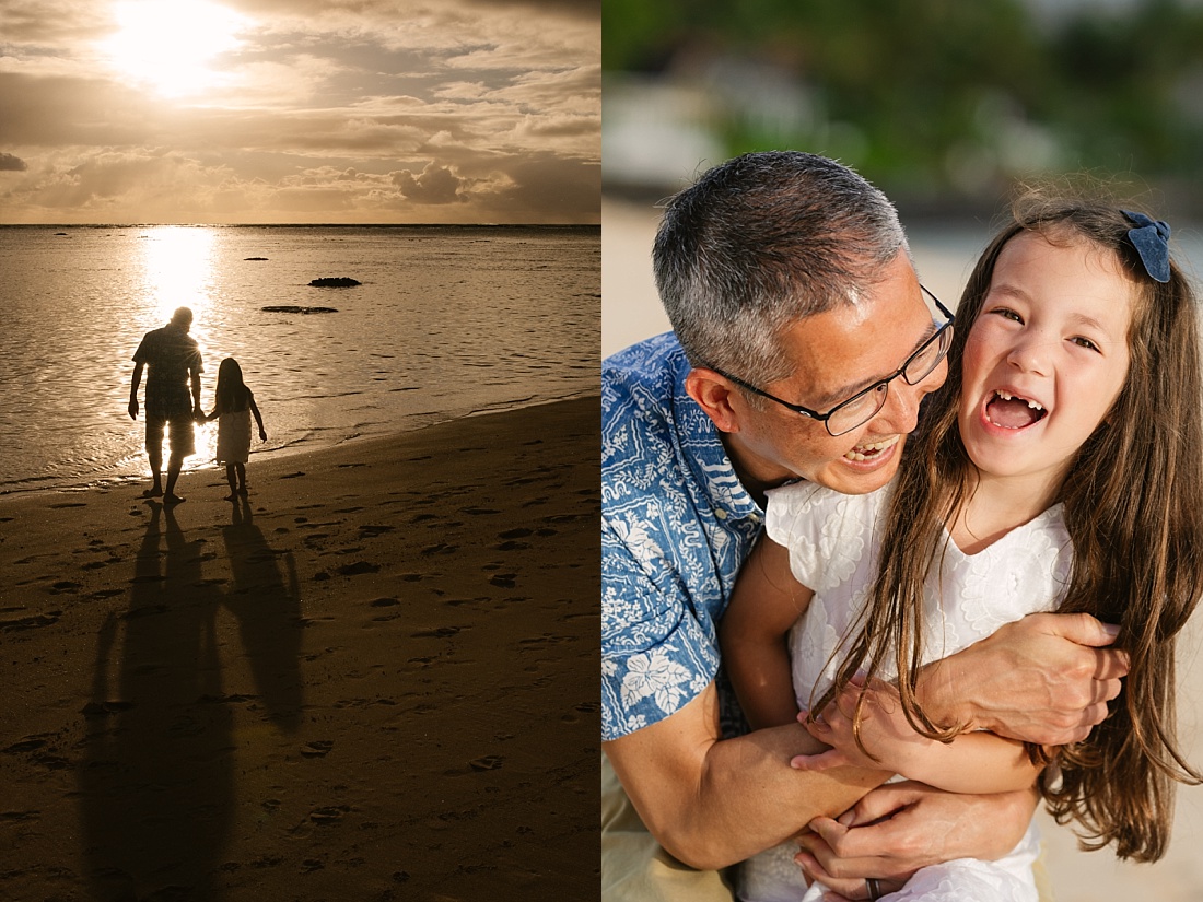 dad and daughter beach portraits at sunrise over lanikai