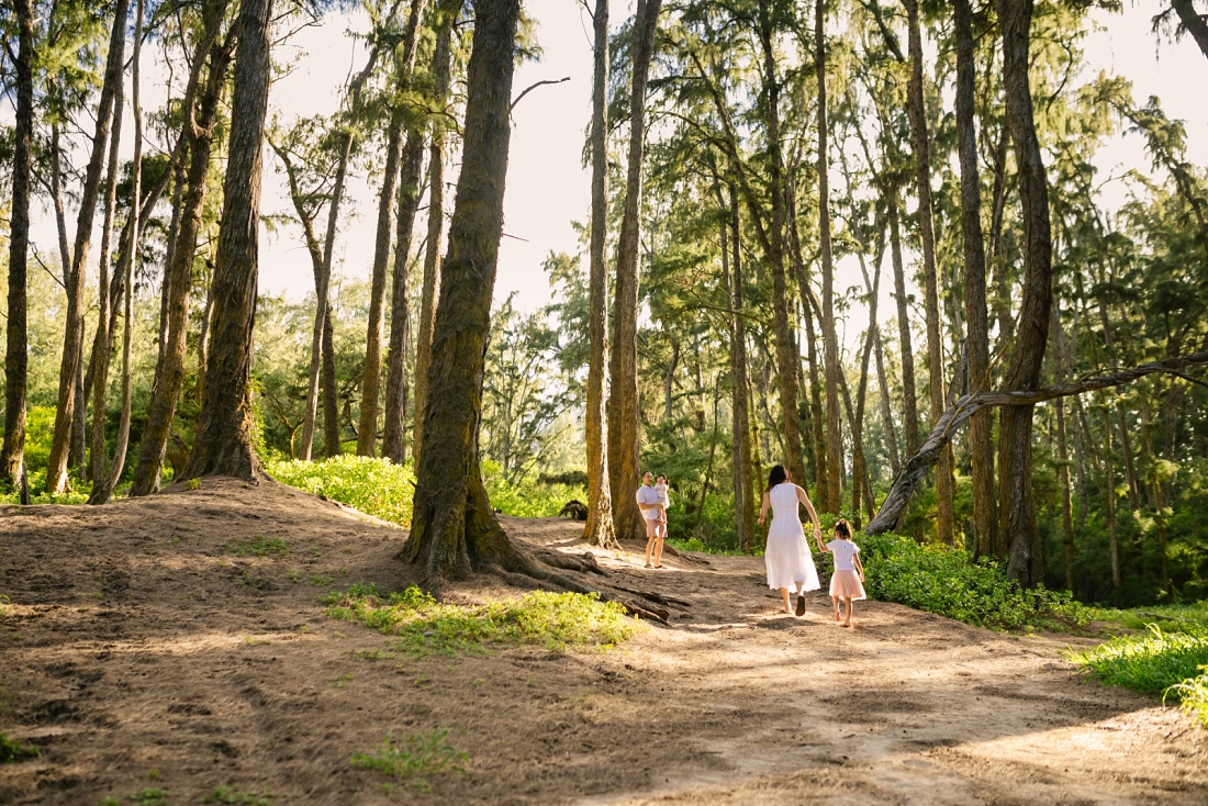 family walking in sherwood forest in waimanalo oahu