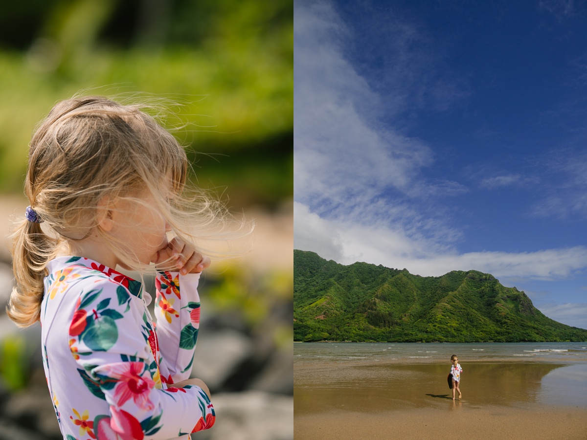 toddler girl heading out to surf some waves at kahana beach