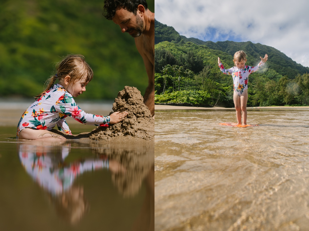toddler girl building a sand castle with a reflection at kahana beach hawaii