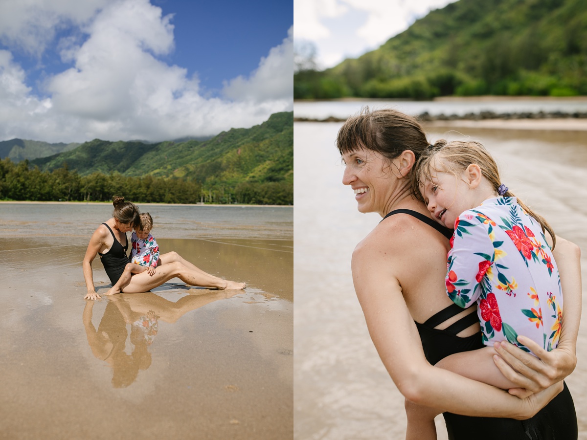 mom and daughter playing at the beach in hawaii during a lifestyle family photography session