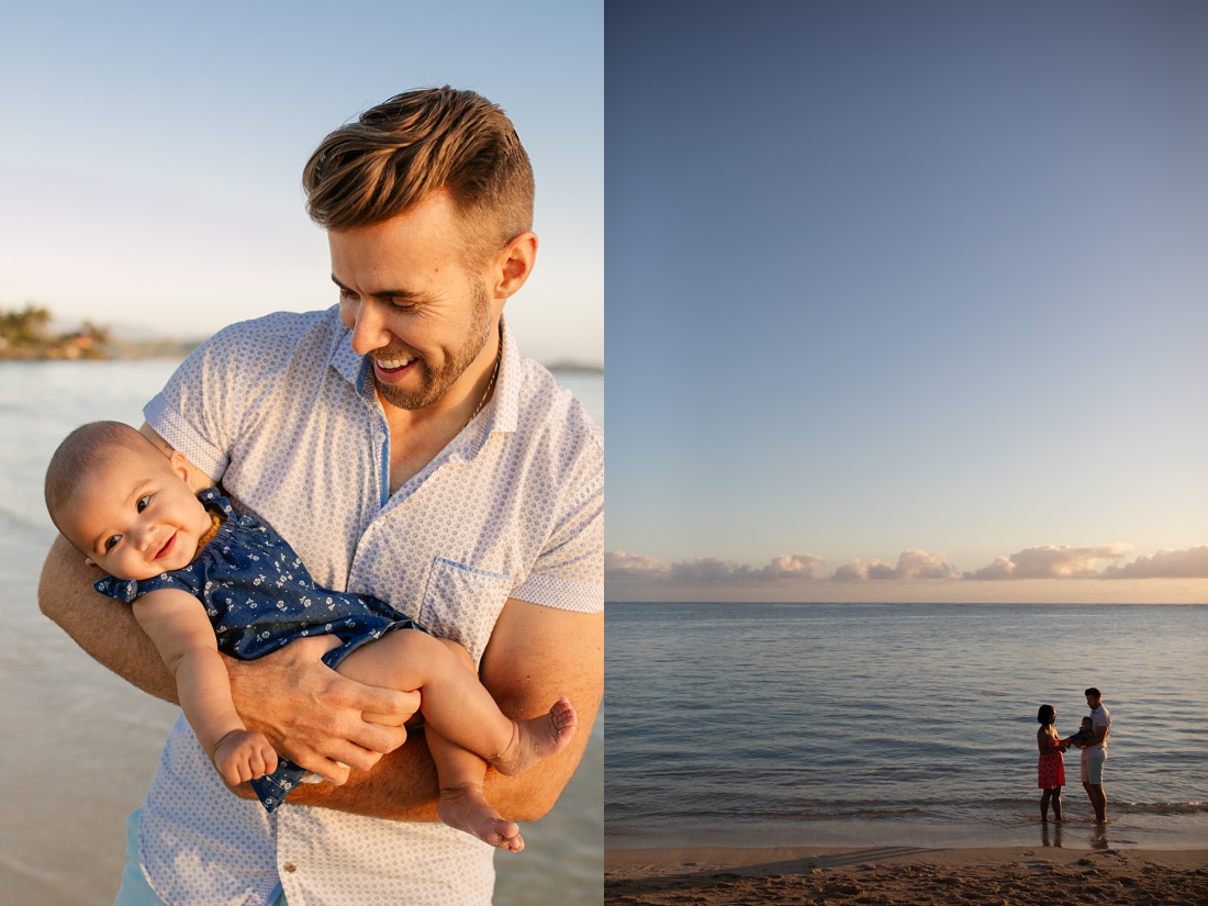 dad smiling at baby on the beach during a sunrise photoshoot in hawaii
