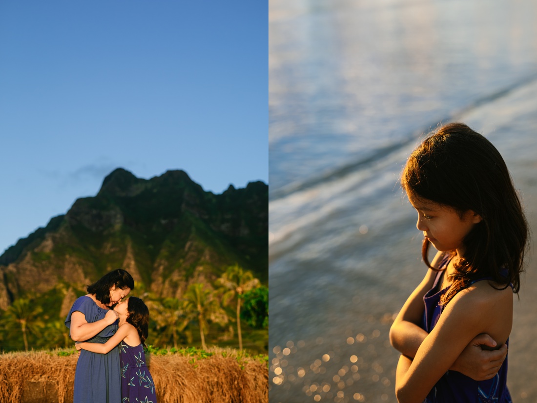 mom and daughter portrait at sunrise with mountains behind at kualoa beach in oahu