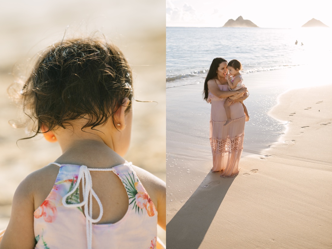 mom and toddler photo session at lanikai beach with the mokuluas in the background