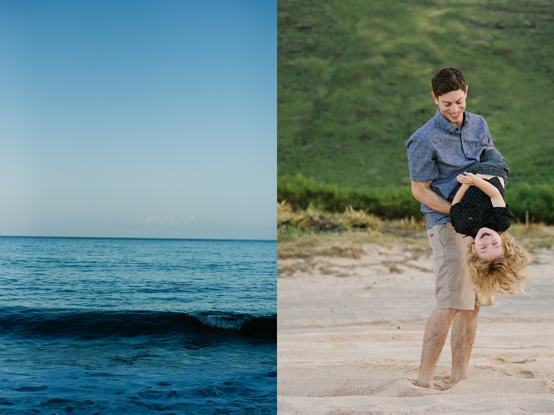 dad holding toddler son upside down during a beach photo session in hawaii