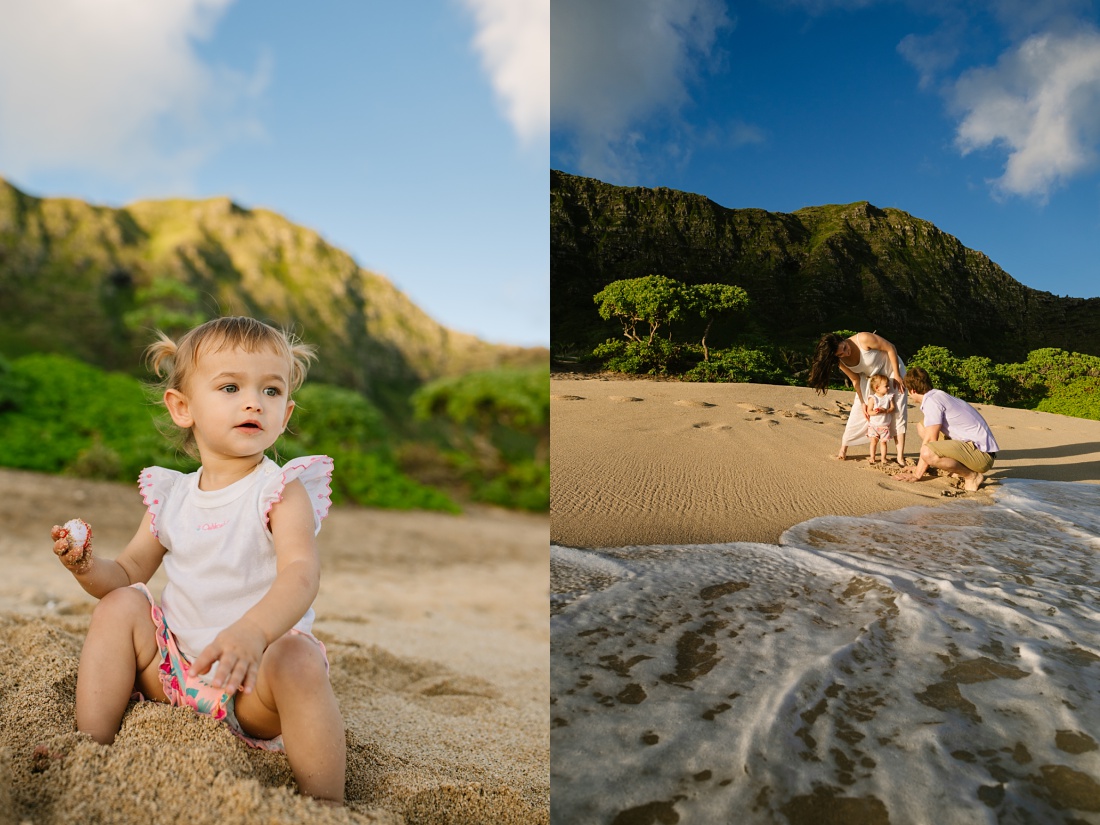 family plays at the beach in oahu
