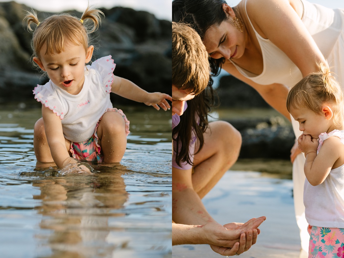 family searching tide pools for treasures in hawaii